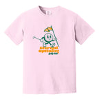 Pink t-shirt with a 1950s-inspired golf ball cartoon that has legs and arms. He is carrying a putter and a flagstick that has "E.O.G.C." on the flag. Below him are the words 'Eternal Optimist Golf Club'.