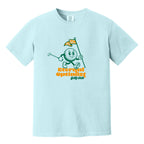 Light blue t-shirt with a 1950s-inspired golf ball cartoon that has legs and arms. He is carrying a putter and a flagstick that has "E.O.G.C." on the flag. Below him are the words 'Eternal Optimist Golf Club'.