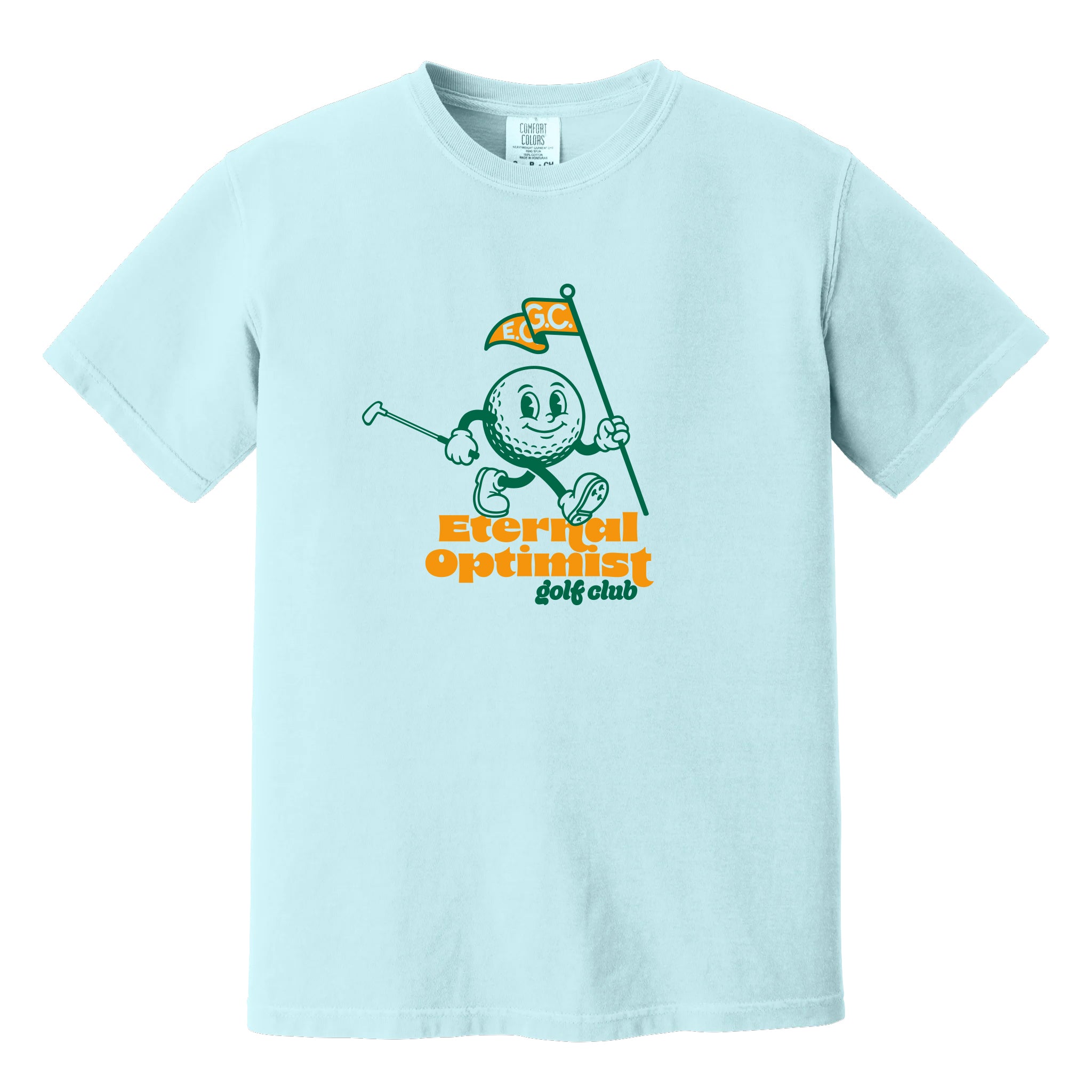 Light blue t-shirt with a 1950s-inspired golf ball cartoon that has legs and arms. He is carrying a putter and a flagstick that has "E.O.G.C." on the flag. Below him are the words 'Eternal Optimist Golf Club'.