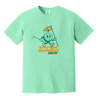 Light green t-shirt with a 1950s-inspired golf ball cartoon that has legs and arms. He is carrying a putter and a flagstick that has "E.O.G.C." on the flag. Below him are the words 'Eternal Optimist Golf Club'.