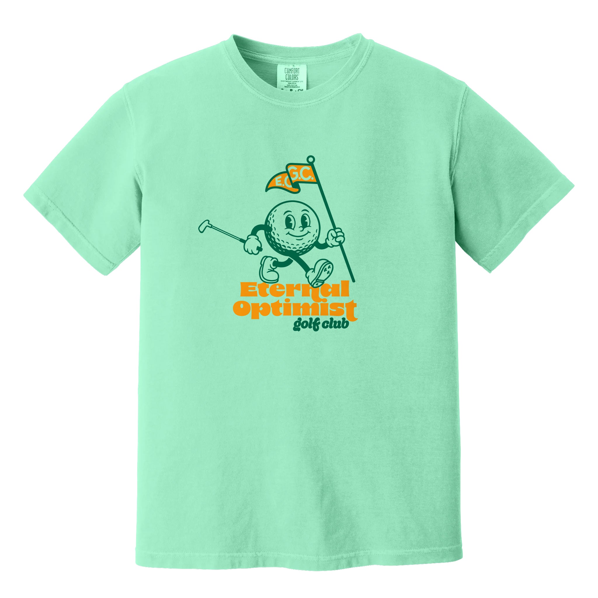 Light green t-shirt with a 1950s-inspired golf ball cartoon that has legs and arms. He is carrying a putter and a flagstick that has "E.O.G.C." on the flag. Below him are the words 'Eternal Optimist Golf Club'.