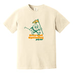 Ivory t-shirt with a 1950s-inspired golf ball cartoon that has legs and arms. He is carrying a putter and a flagstick that has "E.O.G.C." on the flag. Below him are the words 'Eternal Optimist Golf Club'.