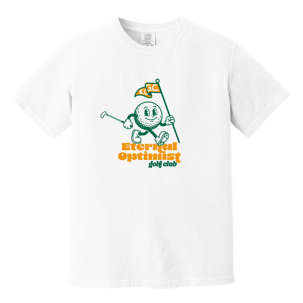White t-shirt with a 1950s-inspired golf ball cartoon that has legs and arms. He is carrying a putter and a flagstick that has "E.O.G.C." on the flag. Below him are the words 'Eternal Optimist Golf Club'.