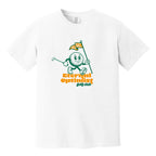 White t-shirt with a 1950s-inspired golf ball cartoon that has legs and arms. He is carrying a putter and a flagstick that has "E.O.G.C." on the flag. Below him are the words 'Eternal Optimist Golf Club'.
