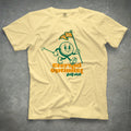 Yellow t-shirt with a 1950s-inspired golf ball cartoon that has legs and arms. He is carrying a putter and a flagstick that has "E.O.G.C." on the flag. Below him are the words 'Eternal Optimist Golf Club'.