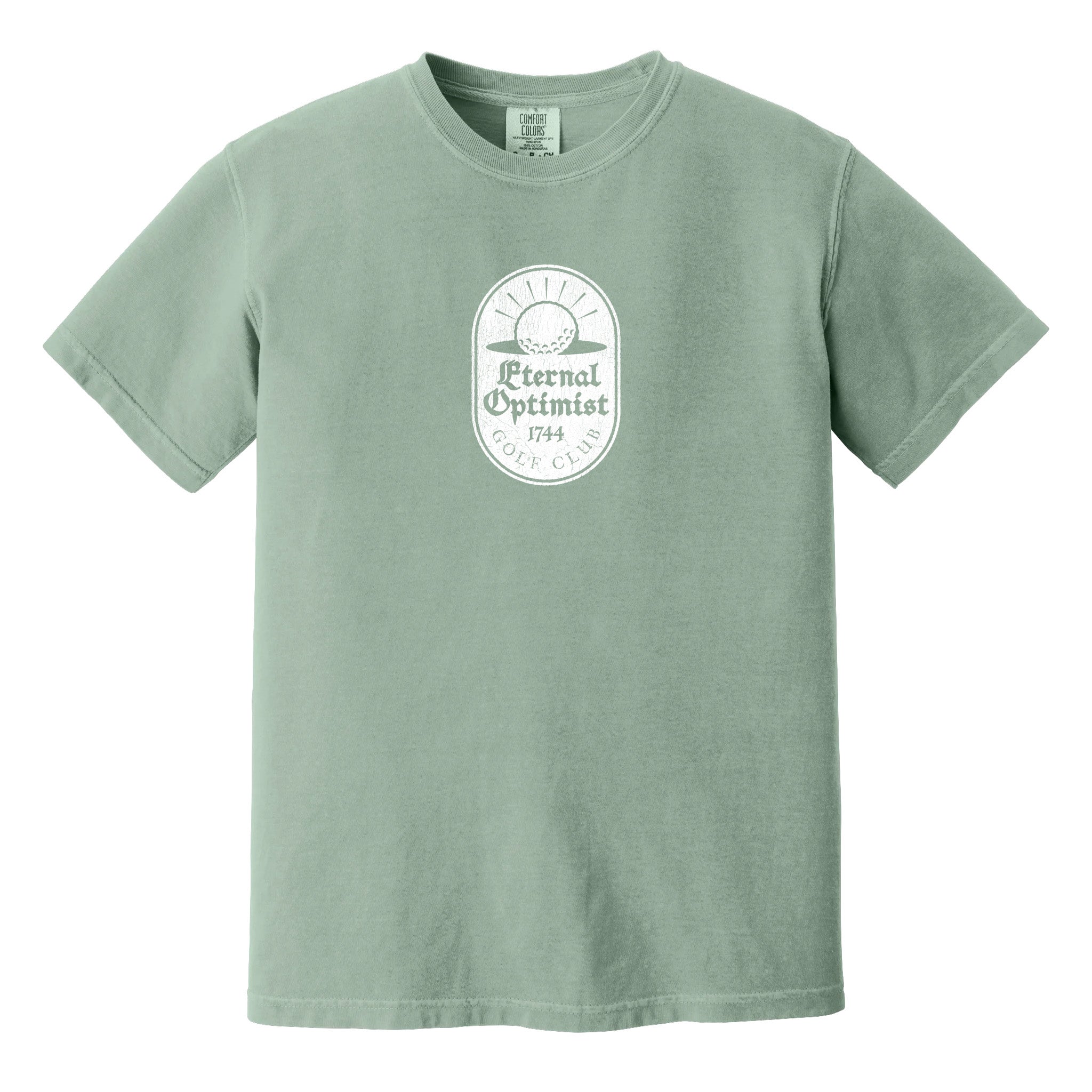 Teal green t-shirt with a white, distressed Eternal Optimist Golf Club logo.