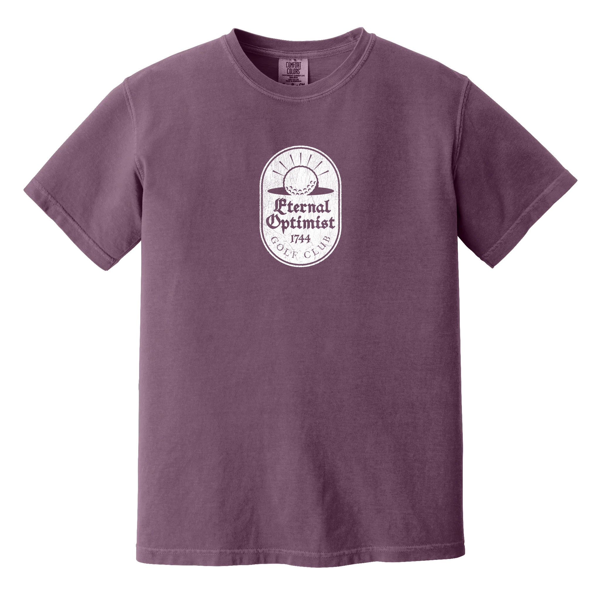 Redish purple t-shirt with a white, distressed Eternal Optimist Golf Club logo.