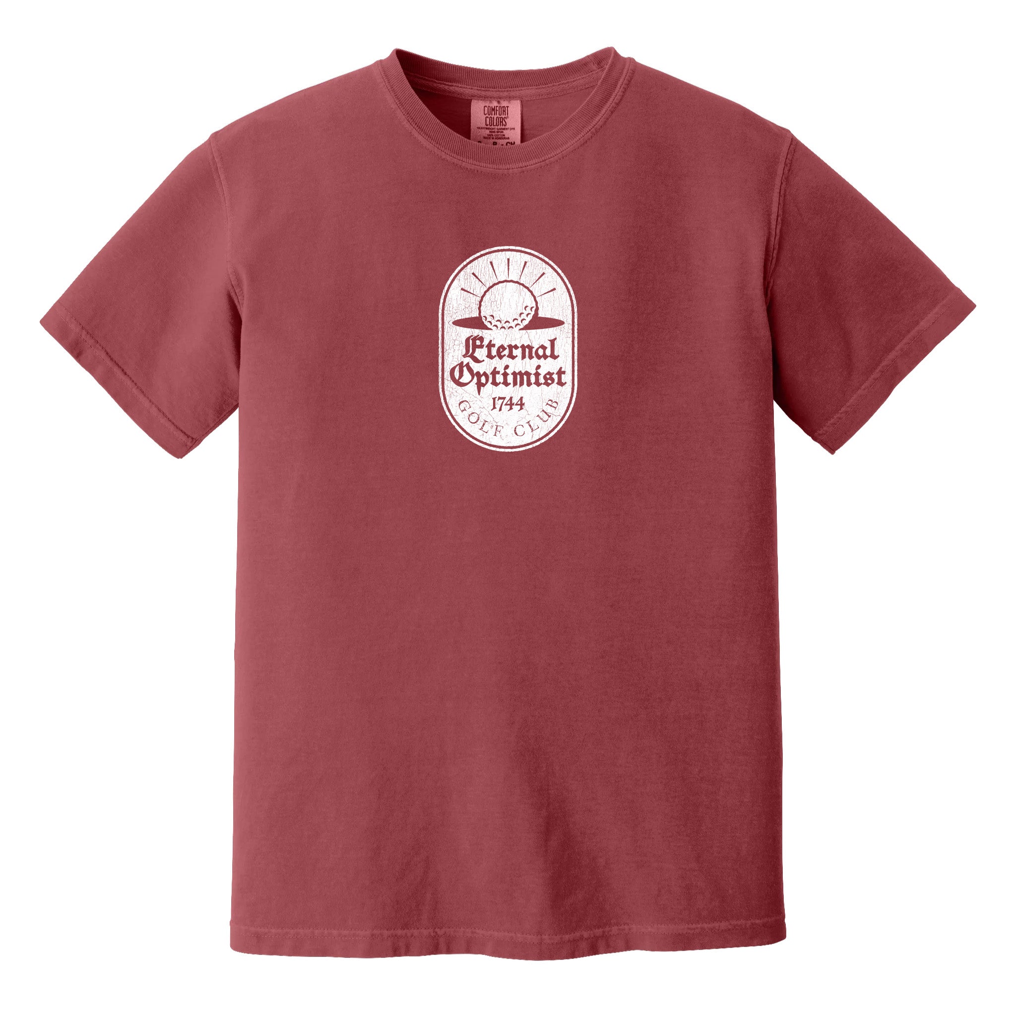 Dark red t-shirt with a white, distressed Eternal Optimist Golf Club logo.