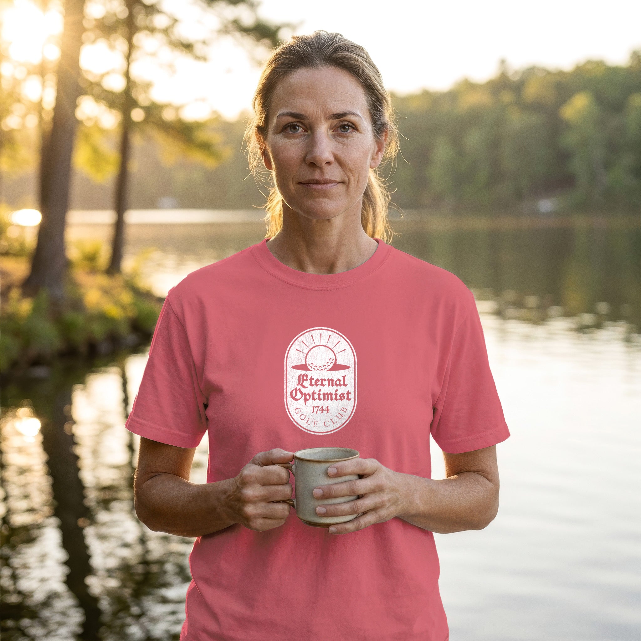 Woman in a dark pink t-shirt holding a mug by a lake. Her shirt has a distressed Eternal Optimist Golf Club logo on it.