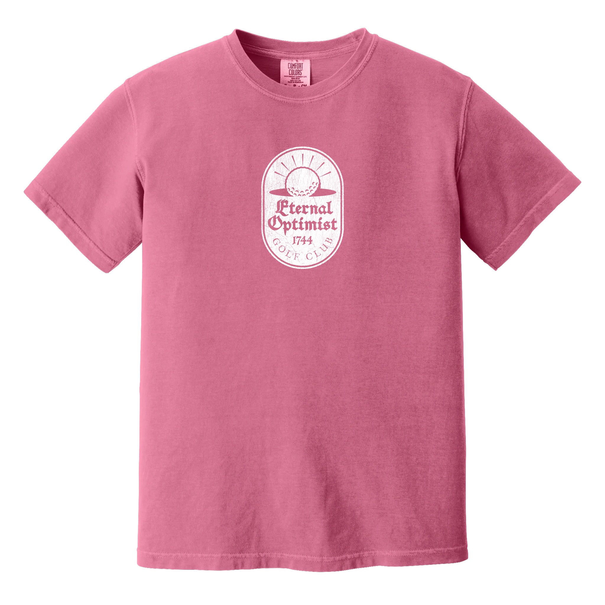 Pink t-shirt with a white, distressed Eternal Optimist Golf Club logo.