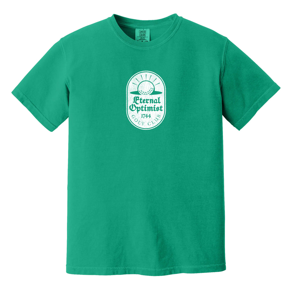 Bright green t-shirt with a white, distressed Eternal Optimist Golf Club logo.
