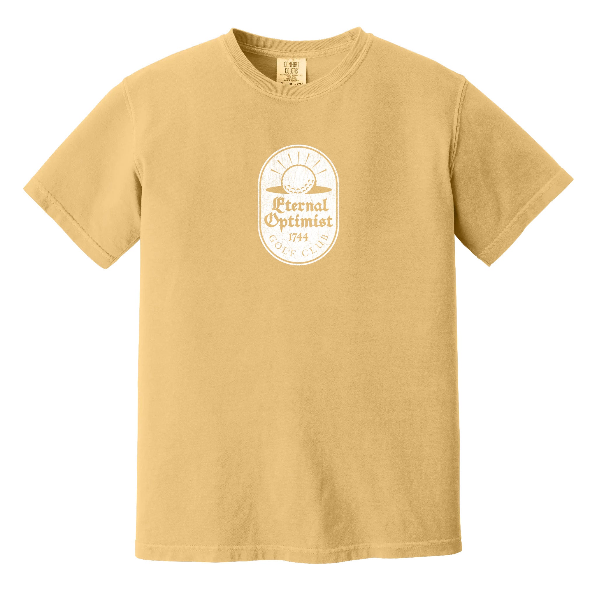 Mustard yellow t-shirt with a white, distressed Eternal Optimist Golf Club logo.