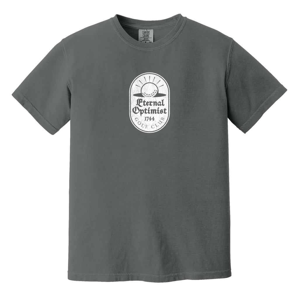 Dark gray t-shirt with a white, distressed Eternal Optimist Golf Club logo.