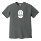 Dark gray t-shirt with a white, distressed Eternal Optimist Golf Club logo.