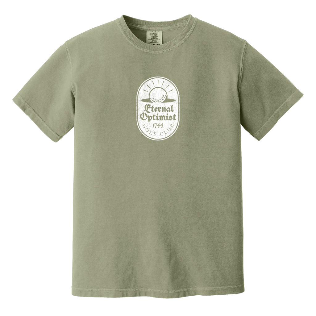 Khaki green t-shirt with a white, distressed Eternal Optimist Golf Club logo.