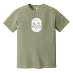 Khaki green t-shirt with a white, distressed Eternal Optimist Golf Club logo.